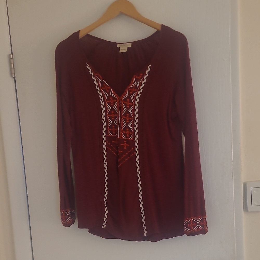 Lucky Brand Maroon Embroidered Blouse